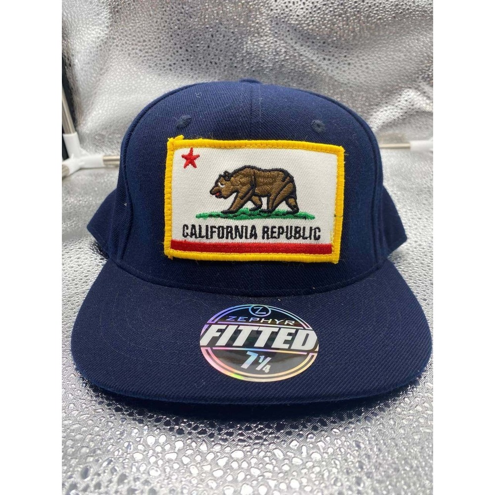 Zephyr California Republic Men Size 7 1/4 Navy Blue Fitted Hat Flat Brim Cap VTG